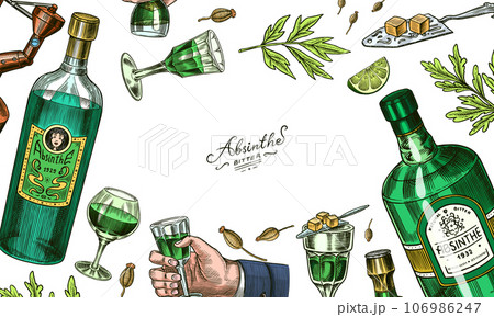 Bottle of Absinthe Glass shot poster or banner. Label for retro menu or web. Engraved hand drawn Bottle of Absinthe Glass shot poster or banner. Label for retro menu or web. Engraved hand drawn 106986247