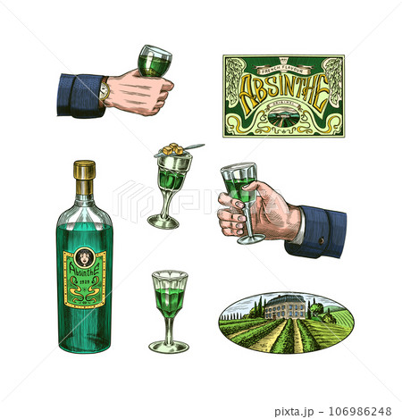Bottle of Absinthe Glass shot. Woman holding a toast drink. Pot Swan necked copper stills distillery 106986248