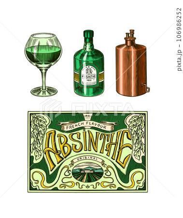 Bottle of Absinthe Glass shot. Woman holding a toast drink. Pot Swan necked copper stills distillery Bottle of Absinthe Glass shot. Woman holding a toast drink. Pot Swan necked copper stills distillery 106986252