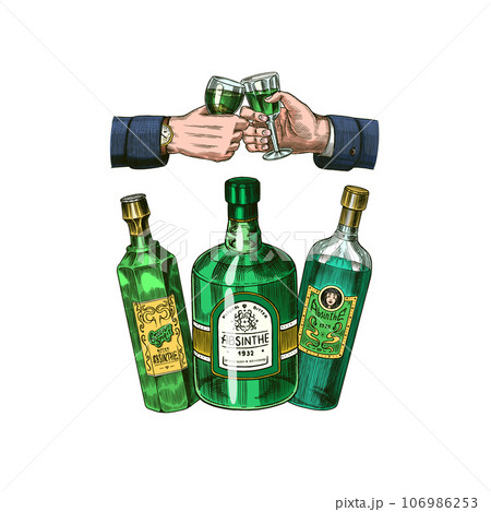 Bottle of Absinthe Glass shot. Woman holding a toast drink. Pot Swan necked copper stills distillery 106986253