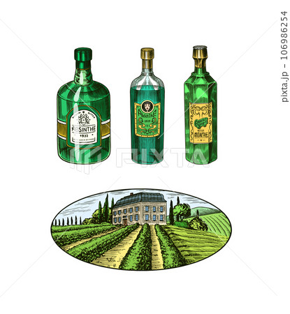 Bottle of Absinthe Glass shot. Woman holding a toast drink. Pot Swan necked copper stills distillery Bottle of Absinthe Glass shot. Woman holding a toast drink. Pot Swan necked copper stills distillery 106986254