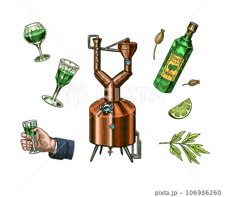 Bottle of Absinthe Glass shot. Woman holding a toast drink. Pot Swan necked copper stills distillery 106986260