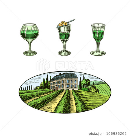 Bottle of Absinthe Glass shot. Woman holding a toast drink. Pot Swan necked copper stills distillery 106986262