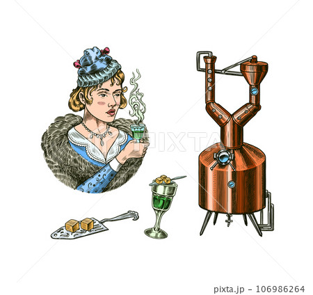 Bottle of Absinthe Glass shot. Woman holding a toast drink. Pot Swan necked copper stills distillery 106986264