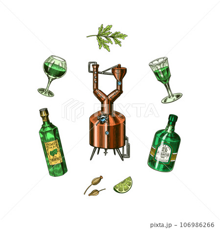 Bottle of Absinthe Glass shot. Woman holding a toast drink. Pot Swan necked copper stills distillery 106986266