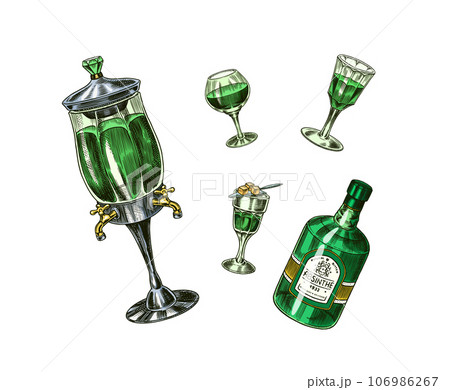 Bottle of Absinthe Glass shot. Woman holding a toast drink. Pot Swan necked copper stills distillery 106986267