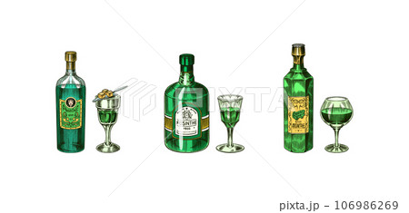 Bottle of Absinthe Glass shot. Woman holding a toast drink. Pot Swan necked copper stills distillery 106986269
