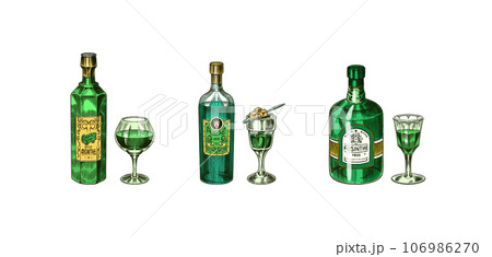 Bottle of Absinthe Glass shot. Woman holding a toast drink. Pot Swan necked copper stills distillery Bottle of Absinthe Glass shot. Woman holding a toast drink. Pot Swan necked copper stills distillery 106986270
