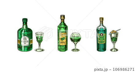 Bottle of Absinthe Glass shot. Woman holding a toast drink. Pot Swan necked copper stills distillery Bottle of Absinthe Glass shot. Woman holding a toast drink. Pot Swan necked copper stills distillery 106986271
