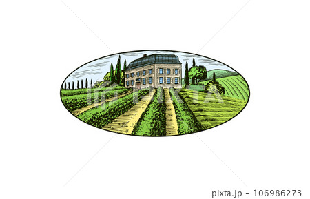 Landscape with house for making. Harvest for absinthe alcohol. Label for retro poster. Engraved 106986273
