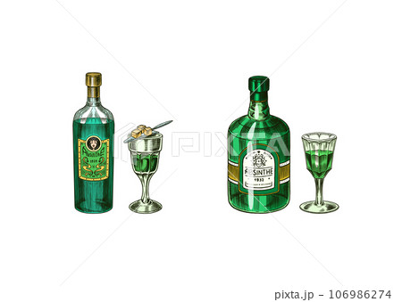 Bottle of Absinthe Glass shot. Woman holding a toast drink. Pot Swan necked copper stills distillery 106986274