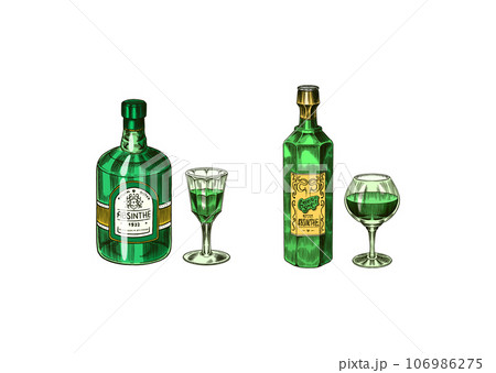 Bottle of Absinthe Glass shot. Woman holding a toast drink. Pot Swan necked copper stills distillery 106986275