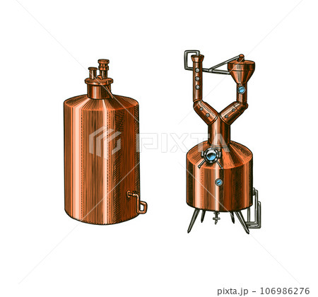 Pot Swan necked copper stills distillery for making alcohol. Bottle of Absinthe. Label for retro 106986276