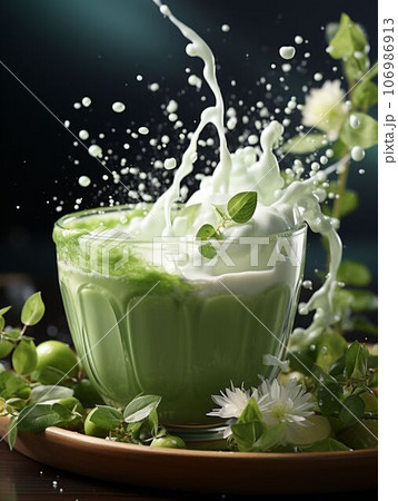 グラスに入れた冷たい緑茶とミルク 106986913