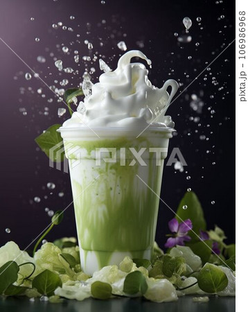 クリームがトッピングされたアイス抹茶ラテ 106986968