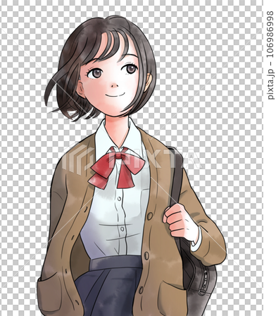 女學生微笑行走的插圖,水彩風格,無背景(棕色) 女學生微笑行走的插圖,水彩風格,無背景(棕色) 106986998