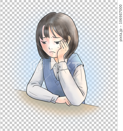 一個女孩低下頭、表情陰沉的插圖 一個女孩低下頭、表情陰沉的插圖 106987000