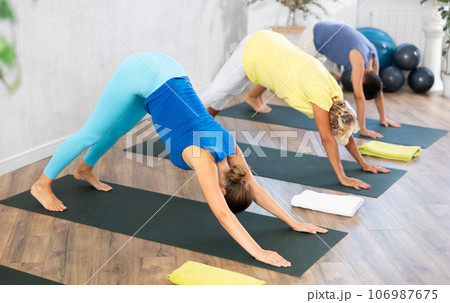 Family practicing downward facing dog pose of yoga in fitness room 106987675