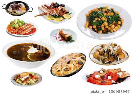 View of many plates with different food over white background View of many plates with different food over white background 106987947