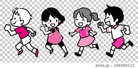 Two-color illustration of four children running in short sleeves 106988122
