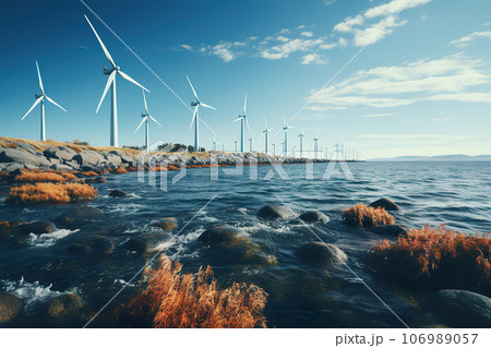 Wind turbines on the shore. Generative AI. 106989057