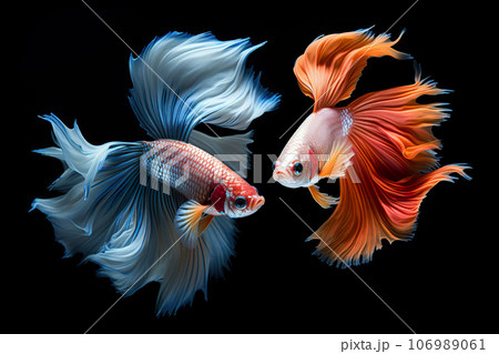 Two Siamese fighting fish isolated on black background. Generative AI. 106989061