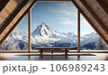 Wooden bench in the living room with a view of the mountains 106989243