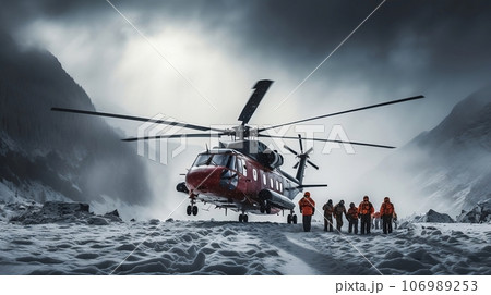 Helicopter in the mountains. Conceptual image. Helicopter in the mountains. Conceptual image. 106989253