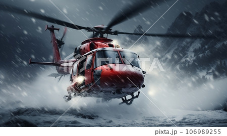 Emergency Helicopter landing in the mountains during a snowfall Emergency Helicopter landing in the mountains during a snowfall 106989255