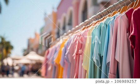 Row of colorful clothes hanging in street market in a sunny day 106989257