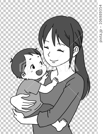 Monochrome illustration of a mother and baby boy looking at each other with a smile 106989354