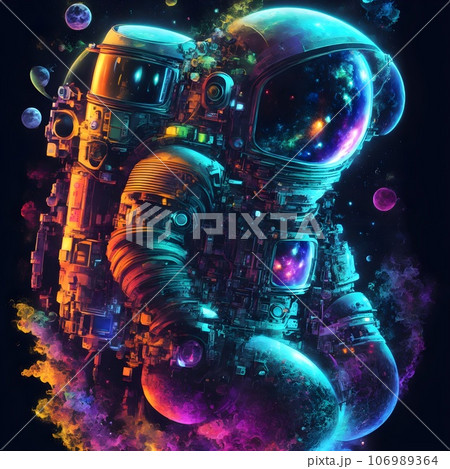 Astronaut on dark with neon light. 106989364