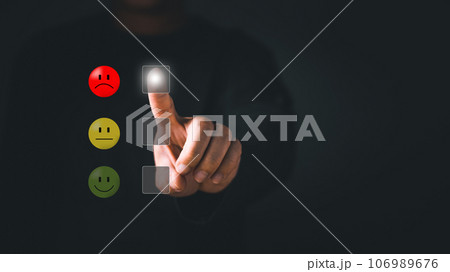 man touch and choose unhappy client with Sadness Emotion Face. Customer Experience dissatisfied Concept, bad service dislike bad quality, low rating, Bad review, social media not good. 106989676