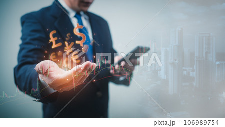 Stock market, Business growth, progress or success concept. Businessman or trader is showing a growing virtual hologram stock, invest in trading. 106989754