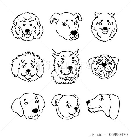 Set of funny dog heads in doodle style. Cute faces of pets in outline style. Vector. 106990470