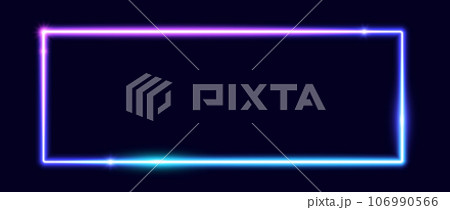 Neon glowing rectangular frame. Blue and purple shining rectangle border. Horizontal electric light sign. Illuminated wide design element for banner, poster, collage. Vector illustration  106990566