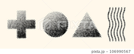 Halftone geometric shapes set. Dotted cross, circle, triangle and waves elements with gradient. Black textured objects for banner, poster, collage, flyer, booklet, brochure. Vector collection Halftone geometric shapes set. Dotted cross, circle, triangle and waves elements with gradient. Black textured objects for banner, poster, collage, flyer, booklet, brochure. Vector collection 106990567