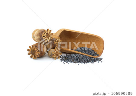 Dried poppy pod on heap of poppy seeds over white Dried poppy pod on heap of poppy seeds over white 106990589