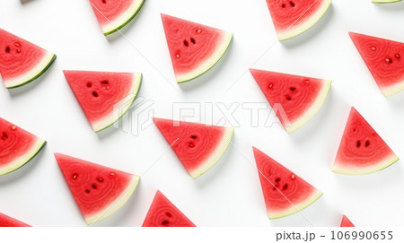 An artistic composition of sliced watermelon, arranged in a geometric pattern. An artistic composition of sliced watermelon, arranged in a geometric pattern. 106990655