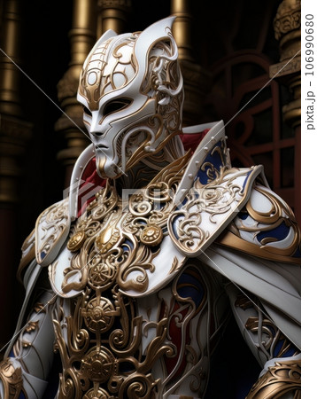 Epic knight in fantasy style in mask and armor with golden patterns. AI Epic knight in fantasy style in mask and armor with golden patterns. AI 106990680