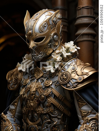 Epic knight in fantasy style in mask and armor with golden patterns. AI 106990682