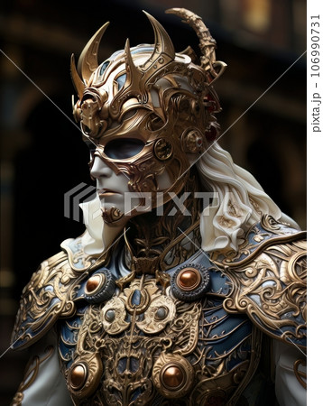 Epic knight in fantasy style in mask and armor with golden patterns. AI Epic knight in fantasy style in mask and armor with golden patterns. AI 106990731