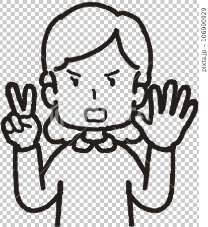 上半身線畫插圖一個憤怒的女人做 25 個手勢，左手 5 個手指，右手 2 個手指 106990929