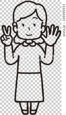 Full body line drawing illustration of a smiling woman making 25 hand signs with 5 fingers on her left hand and 2 fingers on her right hand Full body line drawing illustration of a smiling woman making 25 hand signs with 5 fingers on her left hand and 2 fingers on her right hand 106990933