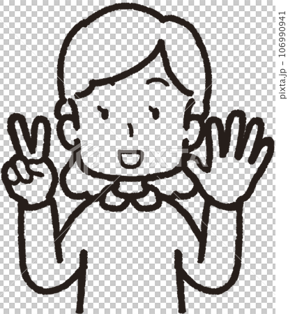 上半身線畫插圖，一個笑著的女人用左手 5 個手指和右手 2 個手指做 25 個手勢 106990941