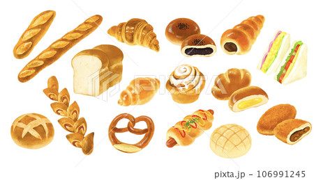 パンのイラストセット　定番　ハードパン　菓子パン　惣菜パン 106991245