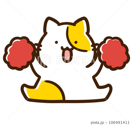 赤いポンポンを掲げて飛び跳ねるかわいいねこのキャラクターのデフォルメイラスト 赤いポンポンを掲げて飛び跳ねるかわいいねこのキャラクターのデフォルメイラスト 106991411
