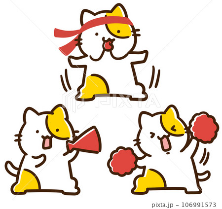 赤組を応援するかわいいねこのキャラクターのデフォルメイラストセット 106991573