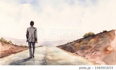 道路を歩くスーツの男性の後ろ姿の水彩イラスト「AI生成画像」の