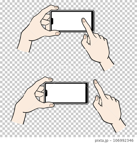 Illustration of a woman's hand operating a smartphone [horizontal holding] 106992346